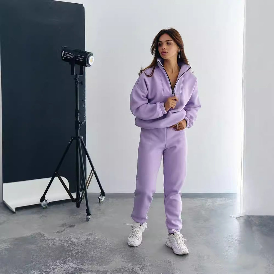 Damen Sportlicher Fleece-Traininganzug mit halbem Reißverschluss und elastischen Bündchen WW