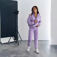 Damen Sportlicher Fleece-Traininganzug mit halbem Reißverschluss und elastischen Bündchen WW