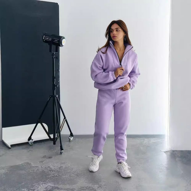 Damen Sportlicher Fleece-Traininganzug mit halbem Reißverschluss und elastischen Bündchen WW
