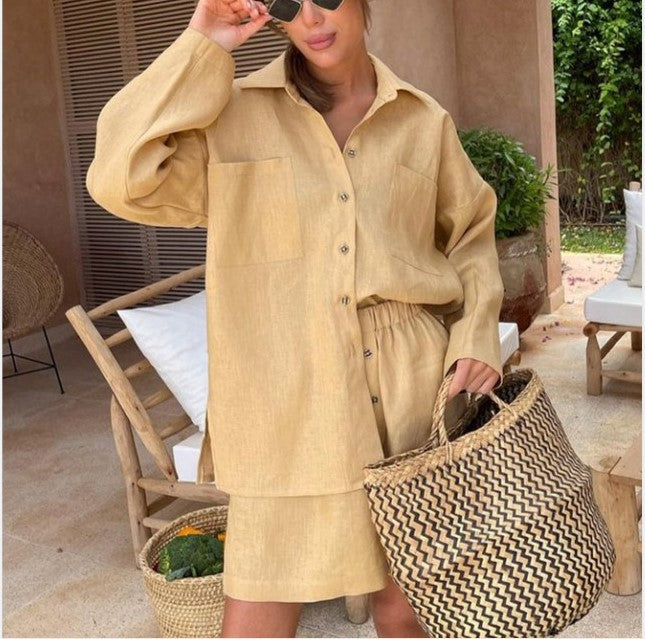 Damen Relaxed Fit Button-Up Shirt und elasticalm Bund Shorts Set WW