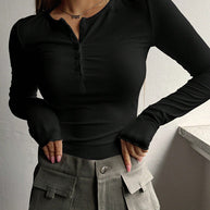 Damen schmeichelhaftes Langarm-Bodyshirt mit Knopfleiste WW