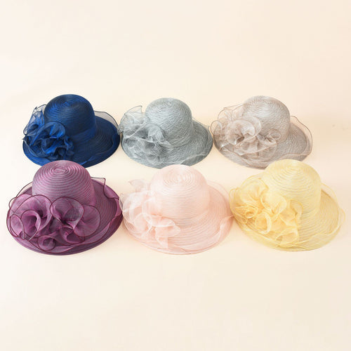 Damen Strohhut mit dekorativer Rüschenverzierung und breiter Krempe WW