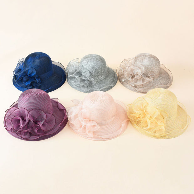 Damen Strohhut mit dekorativer Rüschenverzierung und breiter Krempe WW