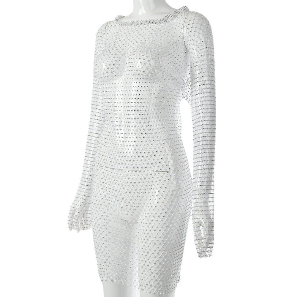 Damen glitzernder Netz-Bodysuit mit langen Ärmeln und figurbetontem Schnitt W&W Mode