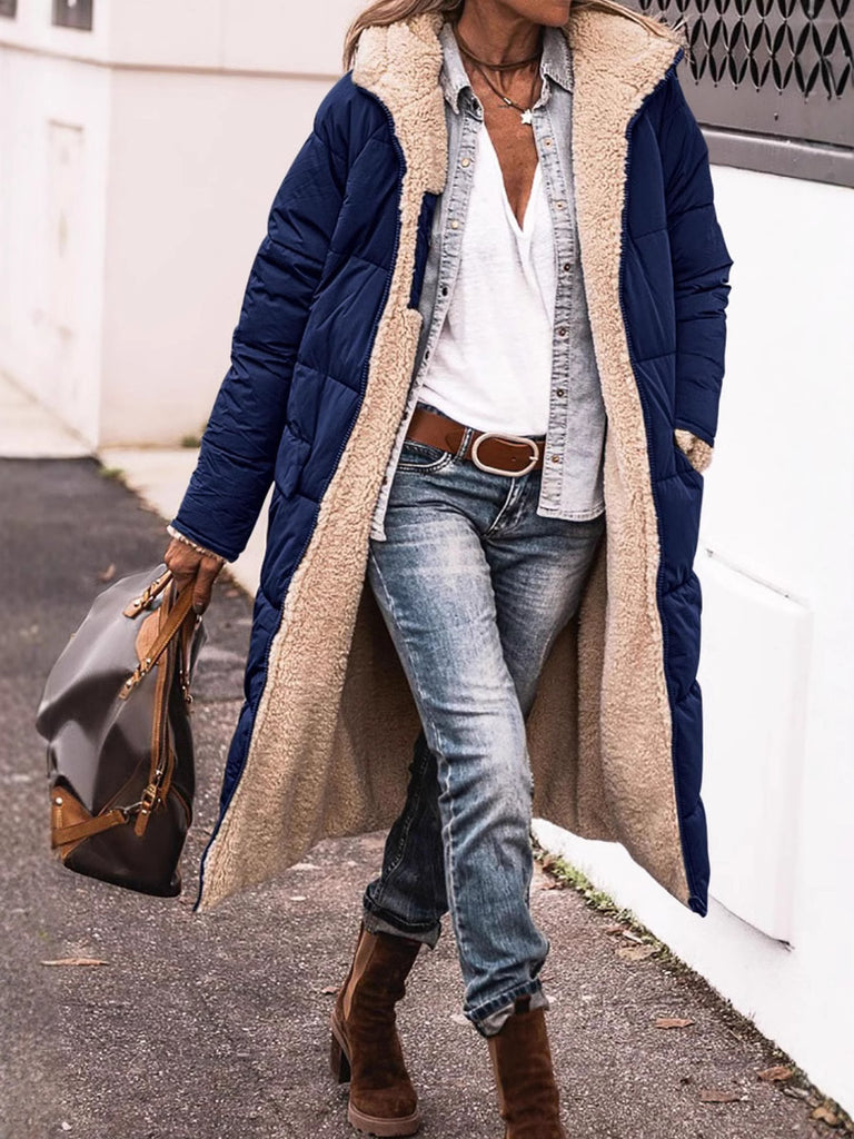 Damen lange Steppjacke mit kuscheligem Teddyfutter und großem Revers WW