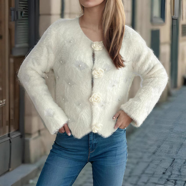 Damen Strickjacke mit floralen Applikationen und perlverzierter Detail WW