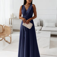 Marineblau lange kleider mit v ausschnitt für damen