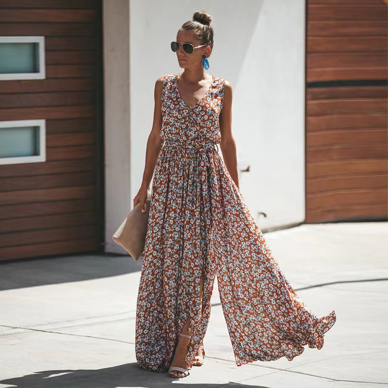 WW | Kleines Blumenmuster Maxikleid mit Ärmellosem Design und V-Ausschnitt