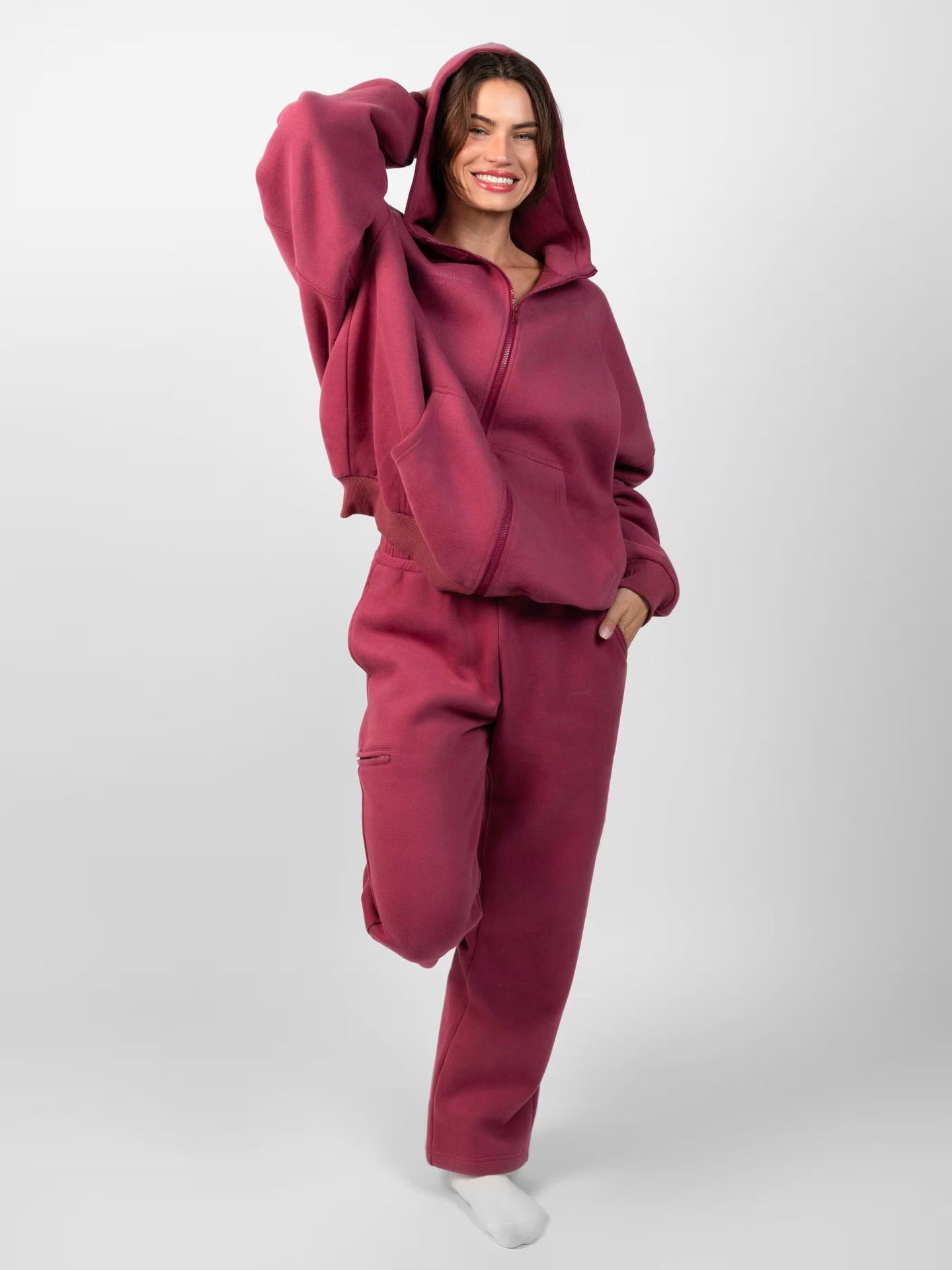 Damen sportliches Fleece-Hoodie-Set mit Reißverschluss und weiten Hosen WW