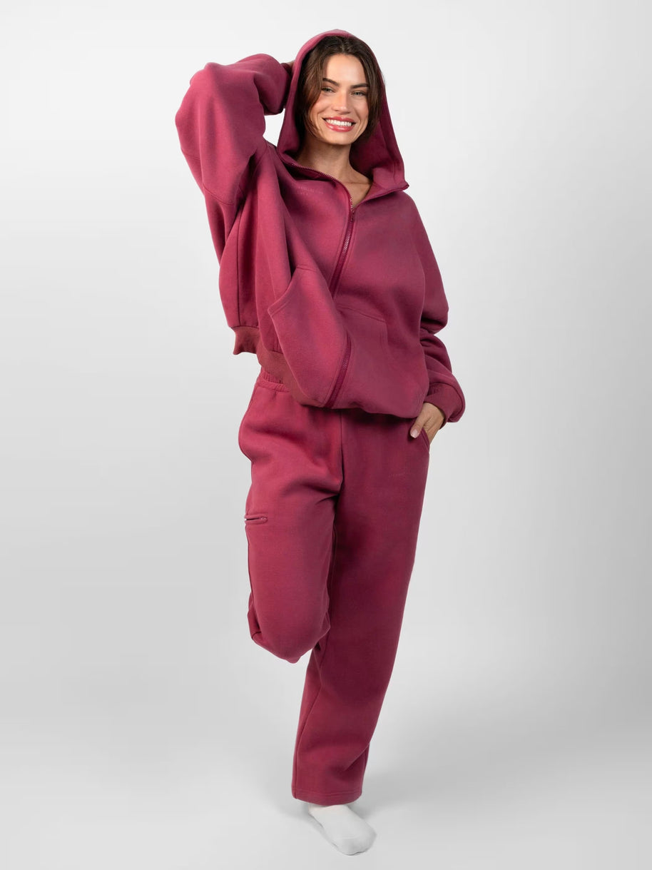 Damen sportliches Fleece-Hoodie-Set mit Reißverschluss und weiten Hosen WW