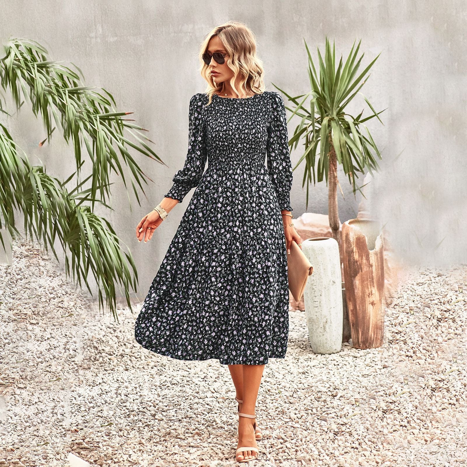 Damen florales Midi-Kleid mit geraffter Taille und langen Ärmeln WW