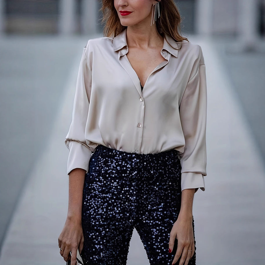 Damen elegante Seidenbluse mit minimalistischen Knopfdetails WW