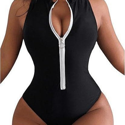 Damen Sportlicher Einteiler Badeanzug mit Reißverschluss und Hochkragen WW