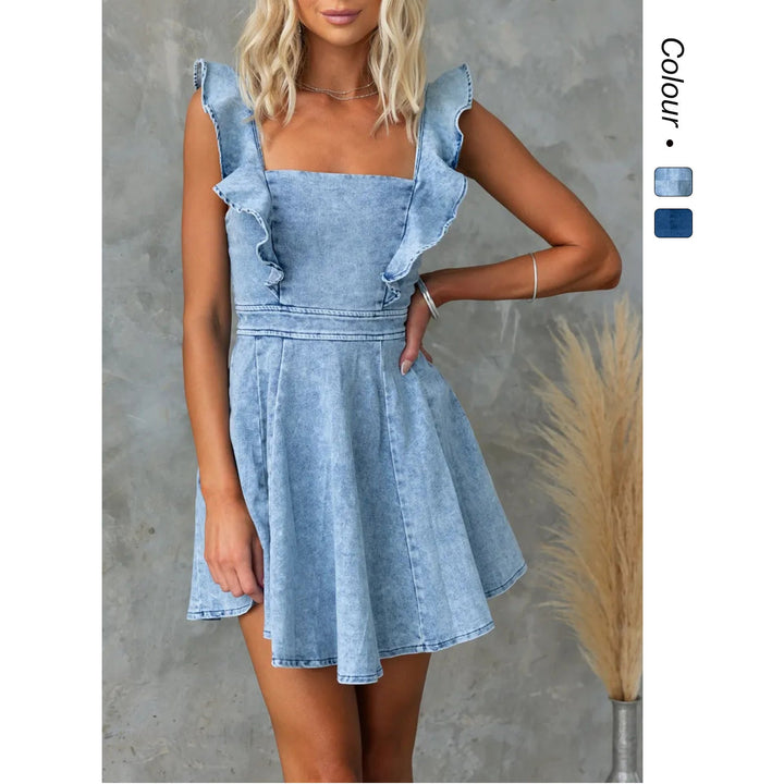 Damen Denim-Kleid mit Rüschendetails und femininer Silhouette W&W Mode