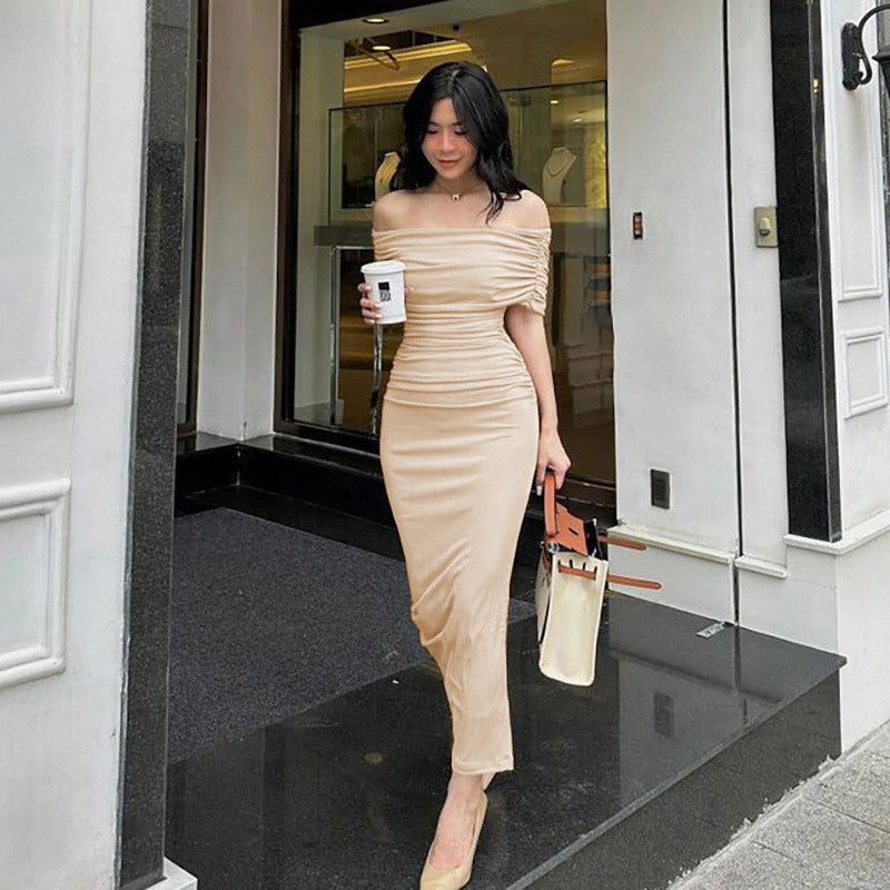 Damen Bodycon Maxikleid mit schulterfreiem Design und Raffungen WW