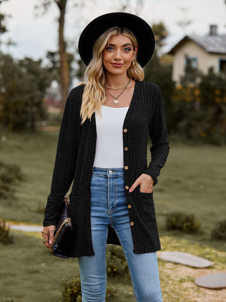 Damen kuschelige Strickjacke mit praktischen Taschen und modischem Rippdesign WW