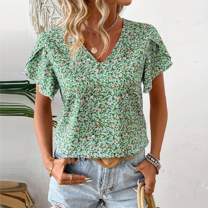 Damen V-Ausschnitt Bluse mit floralem Muster und Rüschendetails W&W Mode