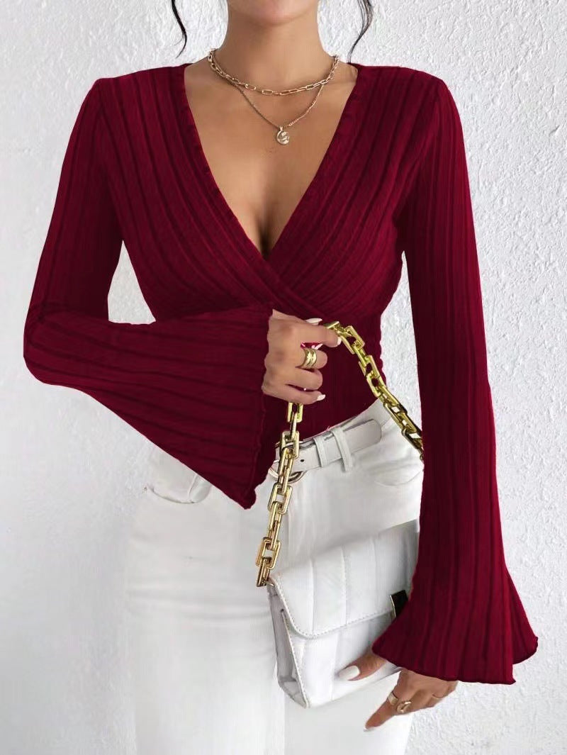 Damen Strickoberteil mit Wickeldesign und weitem Ärmel WW