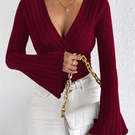 Damen Strickoberteil mit Wickeldesign und weitem Ärmel WW