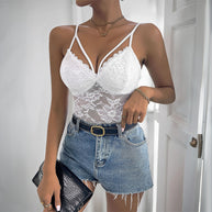 Damen Spitzen-Bodysuit mit verstellbaren Trägern und transparenter Vorderseite WW