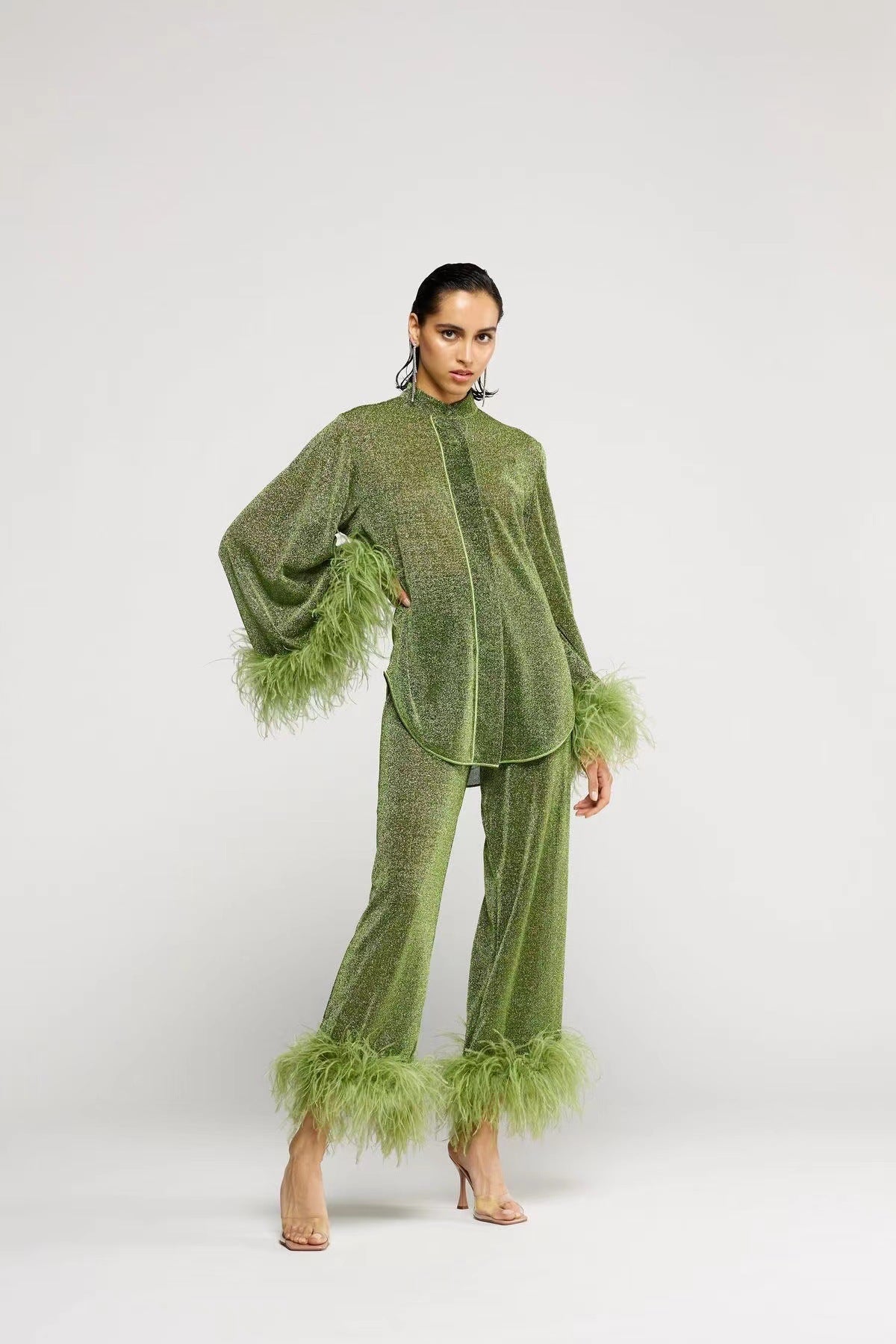 WW | Herbst Winter Feder Stehkragen Langarmoberteil und Hosen Set