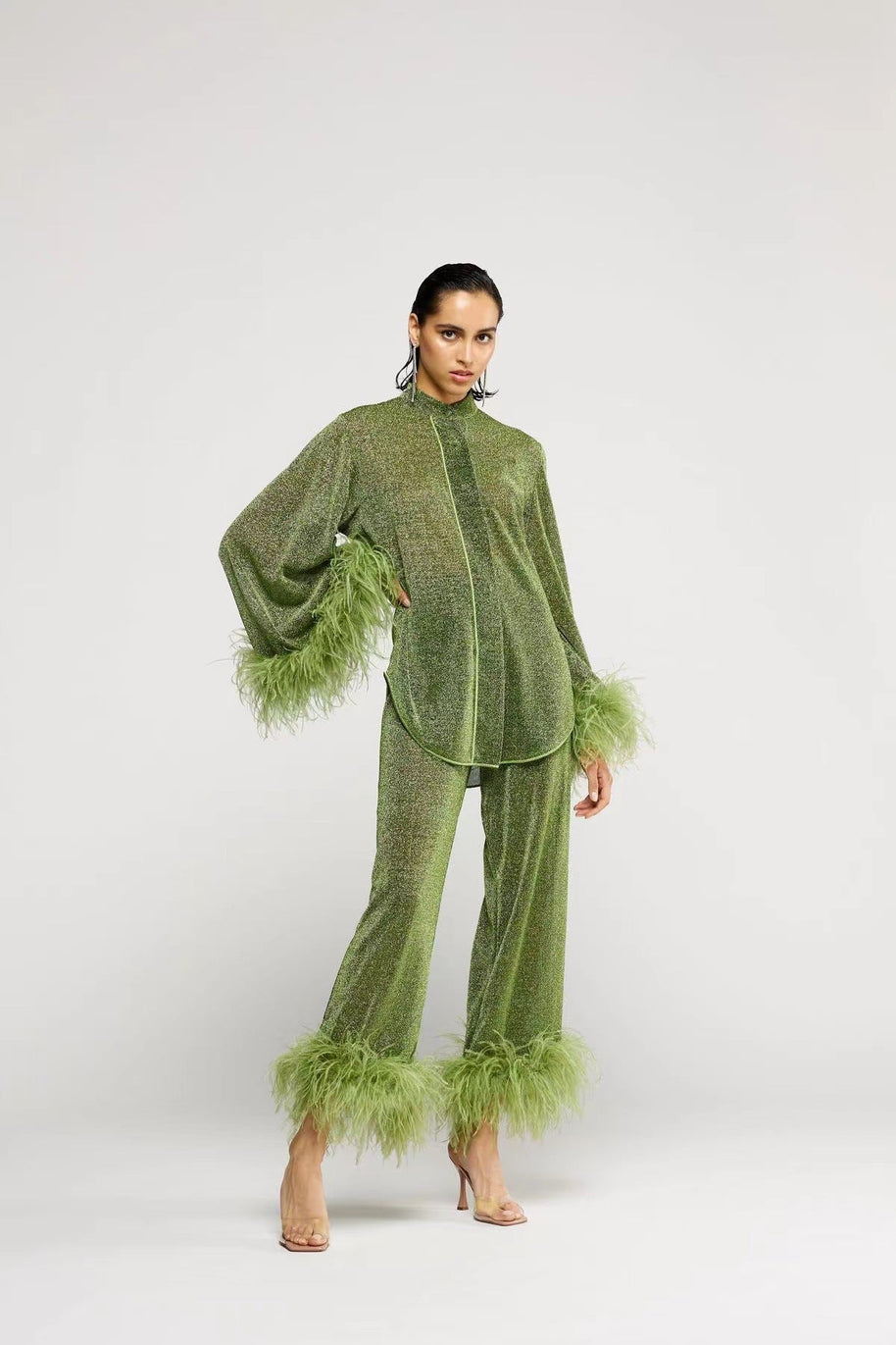 WW | Herbst Winter Feder Stehkragen Langarmoberteil und Hosen Set