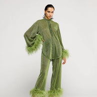 WW | Herbst Winter Feder Stehkragen Langarmoberteil und Hosen Set