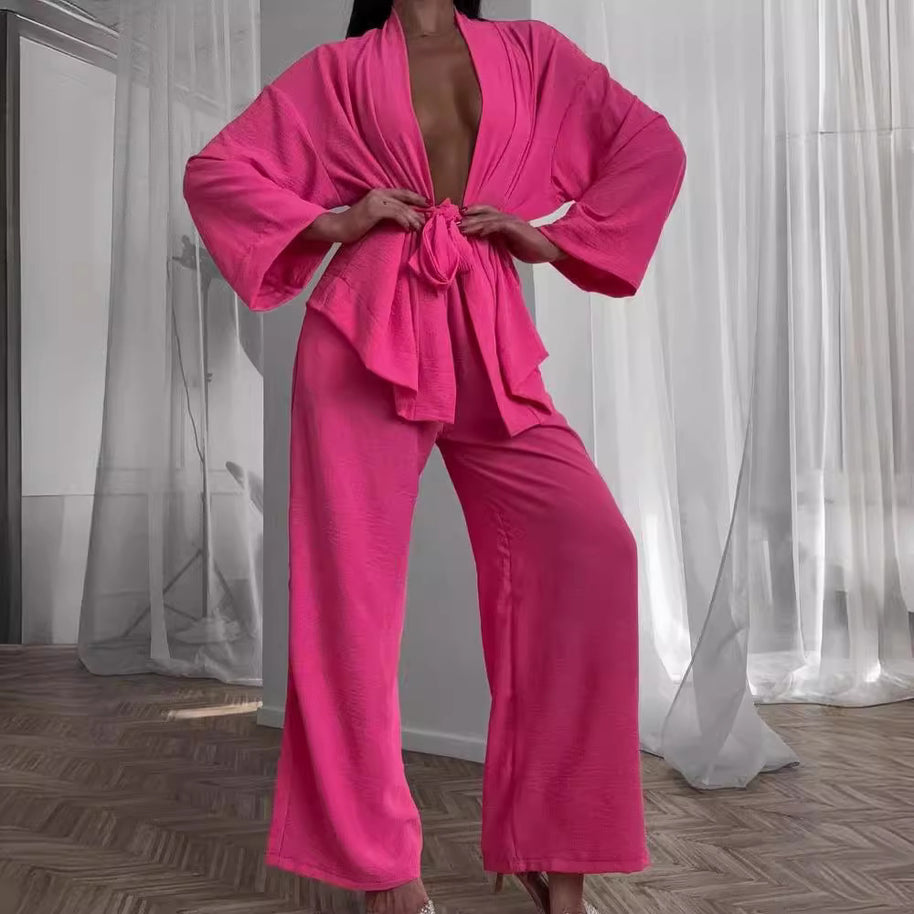 Damen lässiges Kimono-Set mit weitem Schnitt und elastischem Bund WW