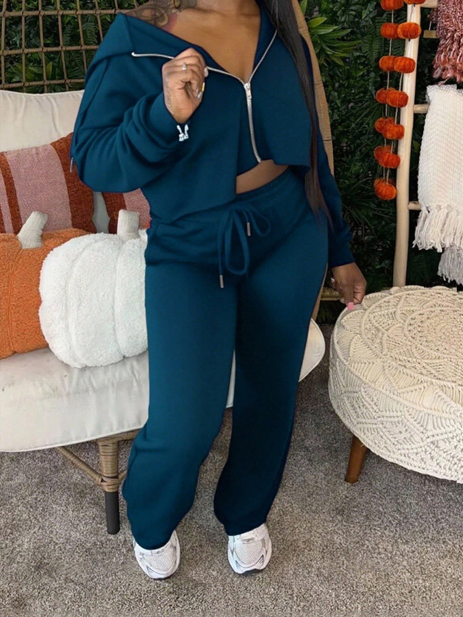 Damen sportliches Set mit cropped Oberteil und weiten Hosen WW