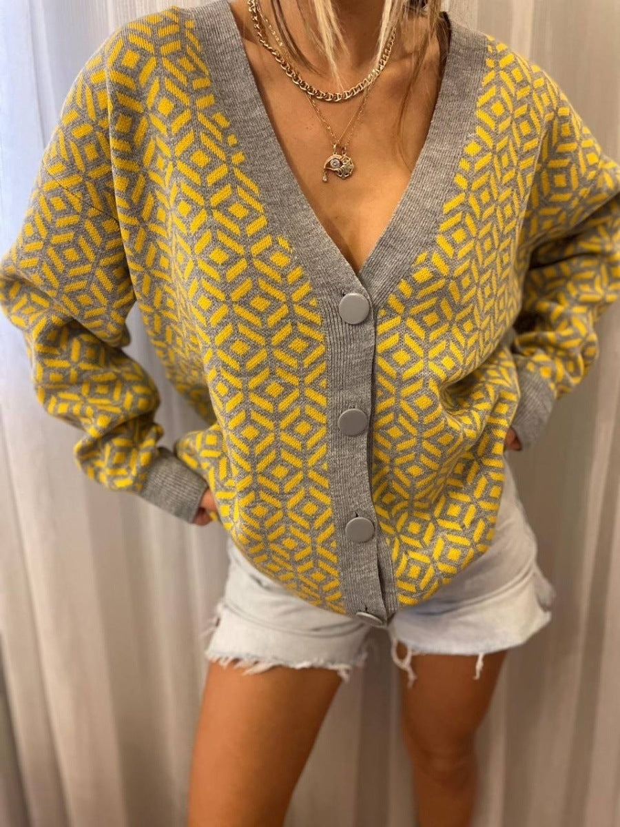 Damen Strick-Cardigan mit modernem geometrischen Muster und praktischen Taschen WW