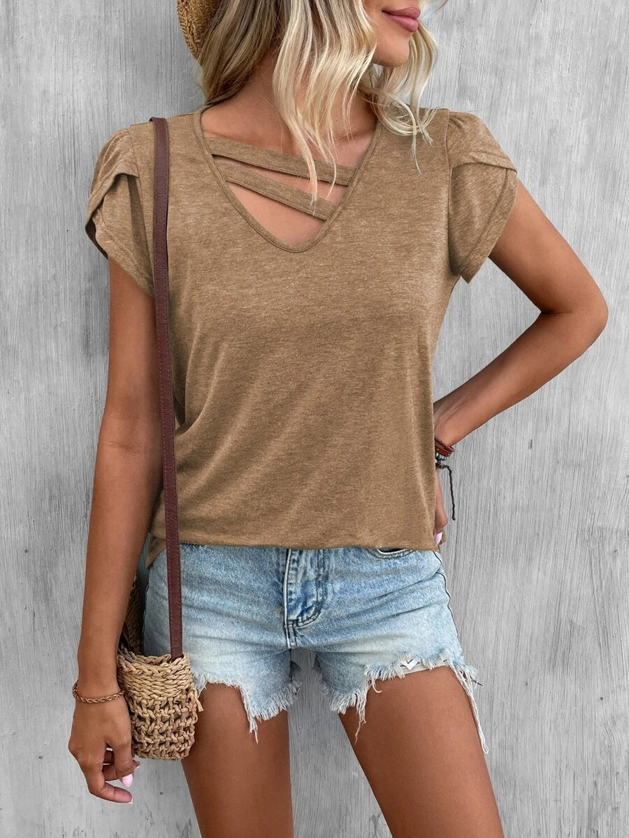 Damen lässiges Kurzarm T-Shirt mit einzigartigem Kreuz-Ausschnitt WW