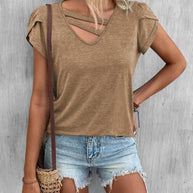 Damen lässiges Kurzarm T-Shirt mit einzigartigem Kreuz-Ausschnitt WW