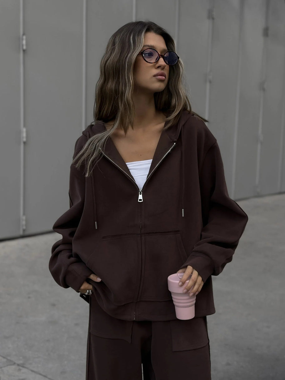 Damen bequeme und lässige Kapuzenjacke mit weitem Schnitt und passenden Jogginghosen WW