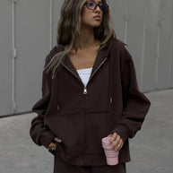 Damen bequeme und lässige Kapuzenjacke mit weitem Schnitt und passenden Jogginghosen WW