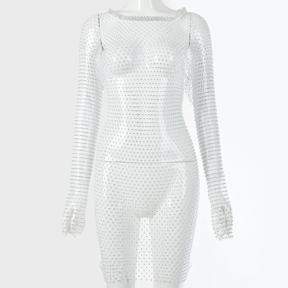 Damen glitzernder Netz-Bodysuit mit langen Ärmeln und figurbetontem Schnitt W&W Mode