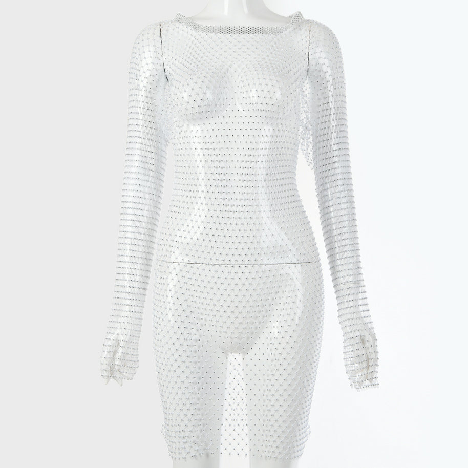 Damen glitzernder Netz-Bodysuit mit langen Ärmeln und figurbetontem Schnitt W&W