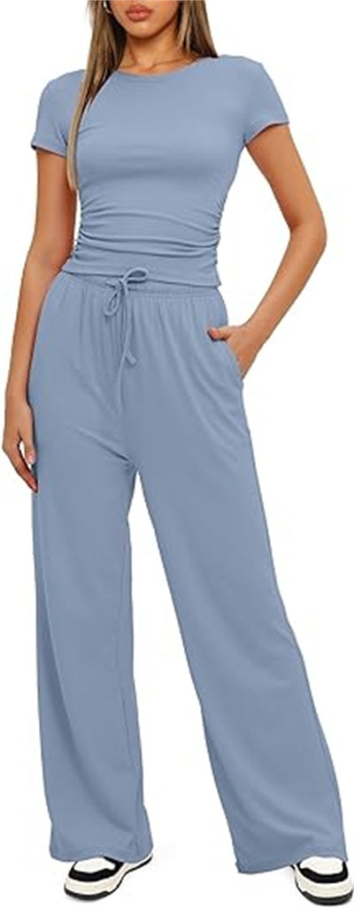 Damen lässiger Zweiteiler mit cropped Oberteil und weitem Beinkleid WW