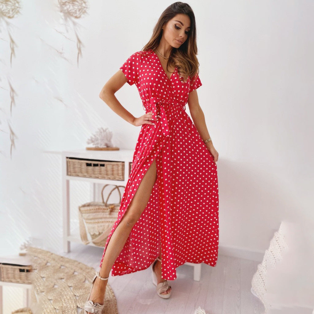 WW | Gedrucktes Polka-Dot-Band Taille Maxi Kleid