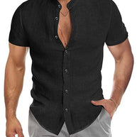 Herren Kurzarm Leinenhemd mit Stehkragen und dezenter Knopfleiste WW