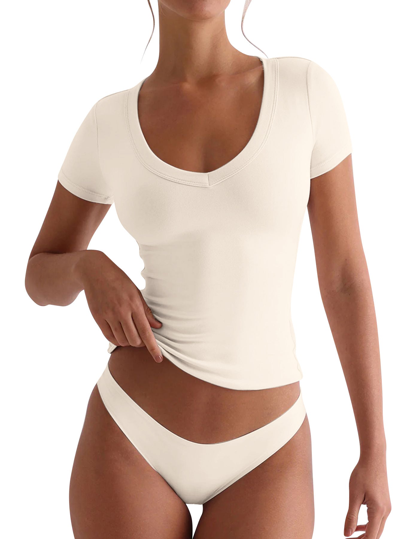 Damen figurbetontes V-Neck T-Shirt mit kurzen Ärmeln WW