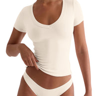 Damen figurbetontes V-Neck T-Shirt mit kurzen Ärmeln WW