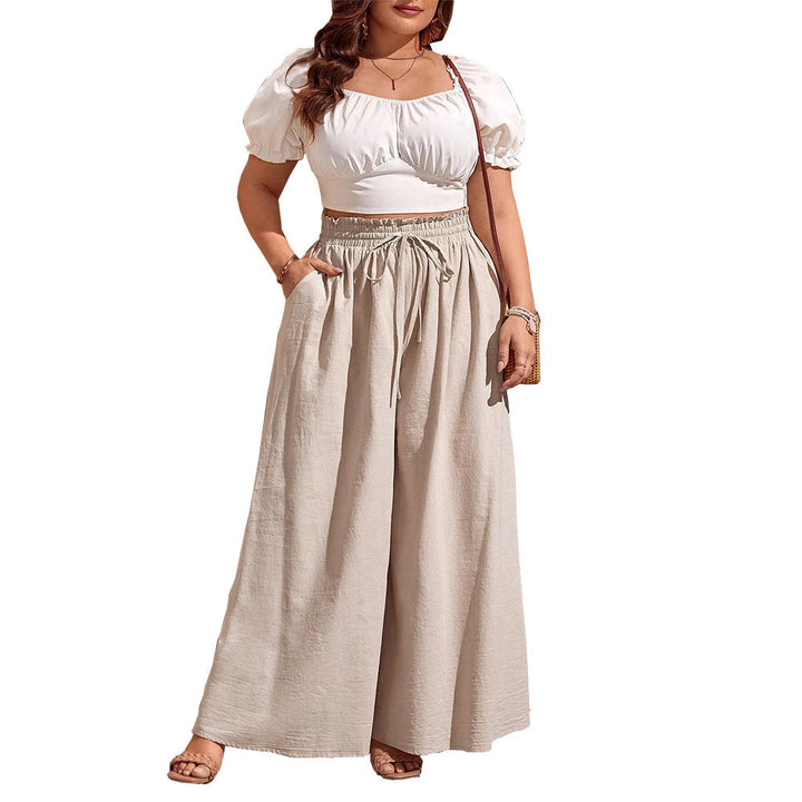 Damen weite Leinenhose mit elastischem Bund und seitlichen Taschen W&W Mode