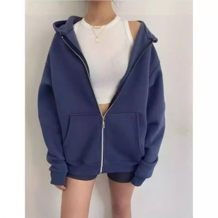 Damen oversized Kapuzenpullover mit Reißverschluss und praktischen Taschen W&W Mode