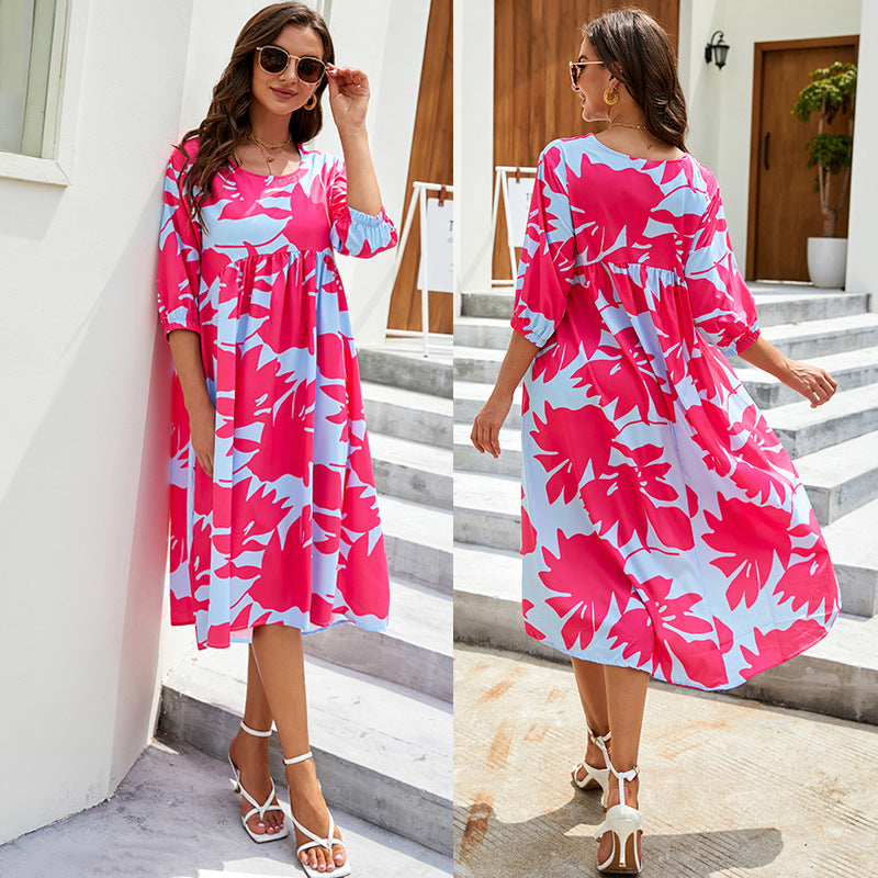 W&W Mode | Damen Kleider Boho Print Rundhalsausschnitt Mittelarm Kleid
