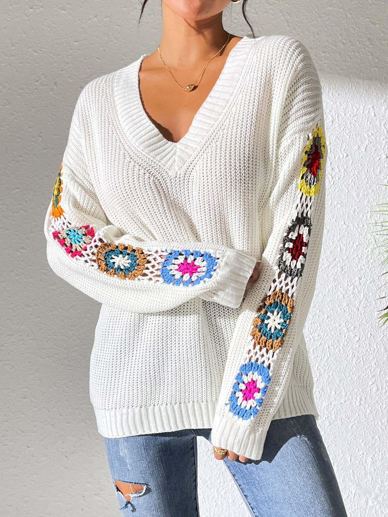 WW | Boho Strickpulli Für Frauen Mit Gehäkelten Ärmeln in Floralen Mustern