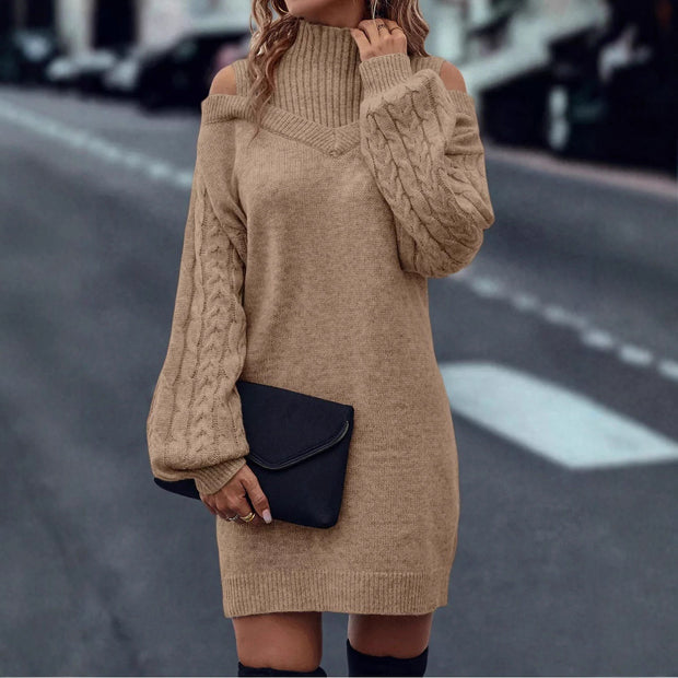 Damen Strickkleid mit hochgeschlossenem Kragen und offener Schulterpartie WW