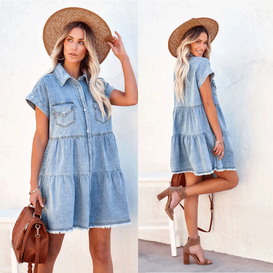 Damen Jeanshemd Kleid mit lässigem Schnitt und Taschen WW