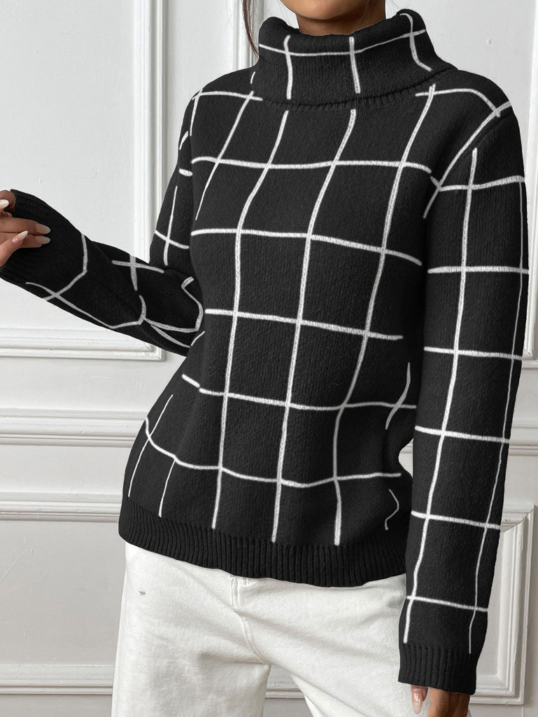 Damen Pullover mit hohem Kragen und kariertem Muster WW