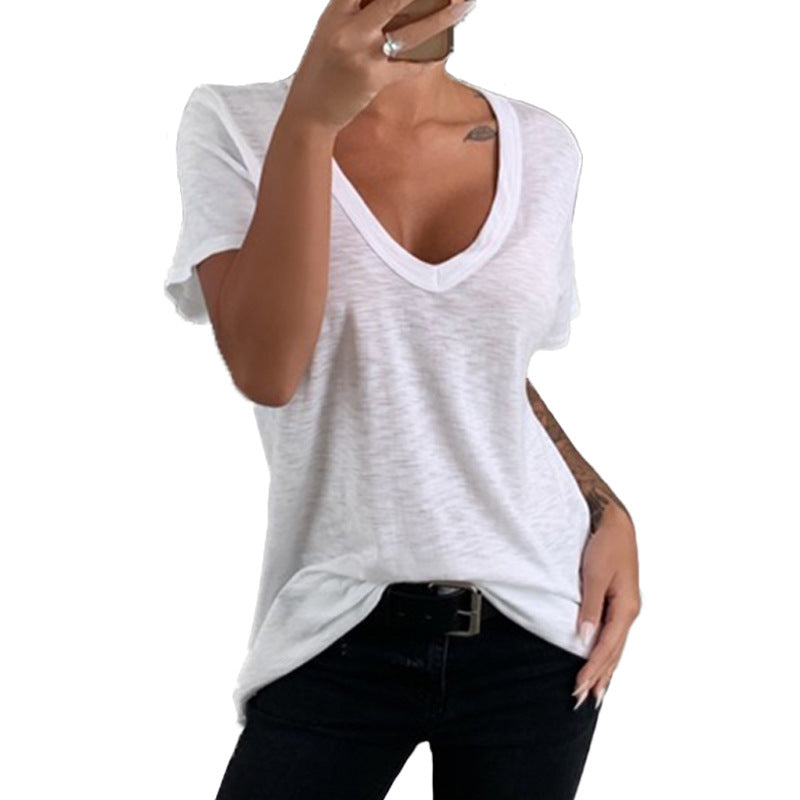 Damen Lässiges T-Shirt mit tiefem V-Ausschnitt und lockerer Passform WW