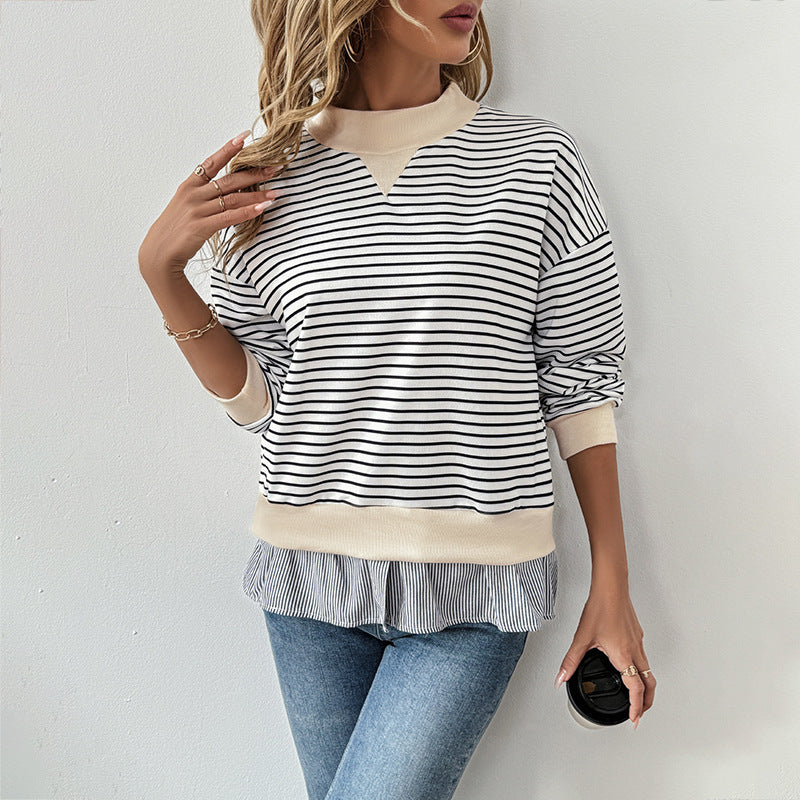 Damen gestreifter Sweatshirt mit Layering-Effekt und Rundhalsausschnitt WW